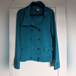 Elegant Teal Double-Breasted Women's Sweatshirt Pea Coat